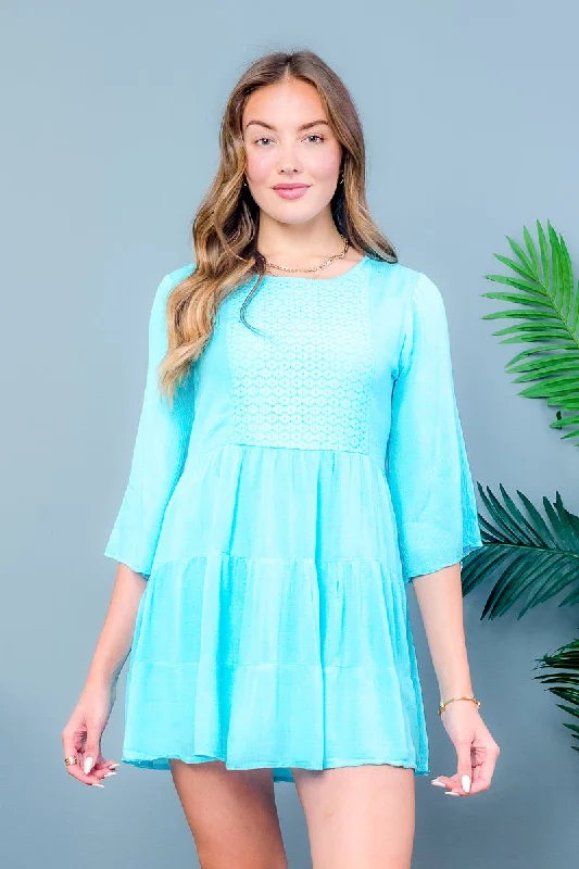 3/4 Sleeve Round Neck Bohemian Mini Dress With Lining (1087) Comfortable One-Shoulder Mini Dress