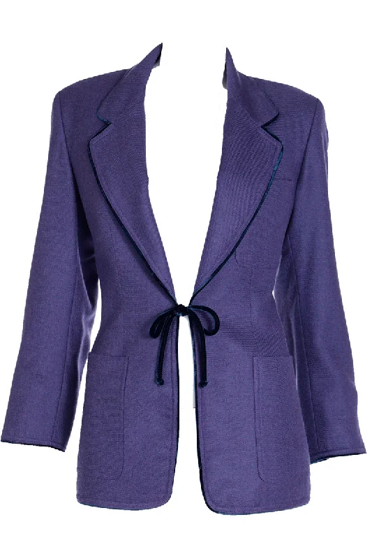 1990s Isaac Mizrahi Vintage Purple Tie Jacket with Velvet Piping Welt Pockets Slit Pockets Flap Pockets