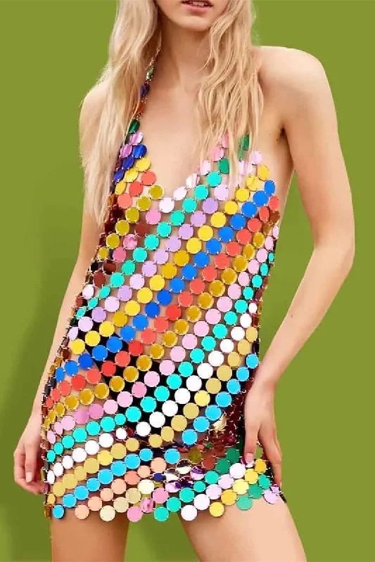 Rainbow Sequin Mini Dress - Rainbow Sparkle Dress Comfortable One-Shoulder Mini Dress
