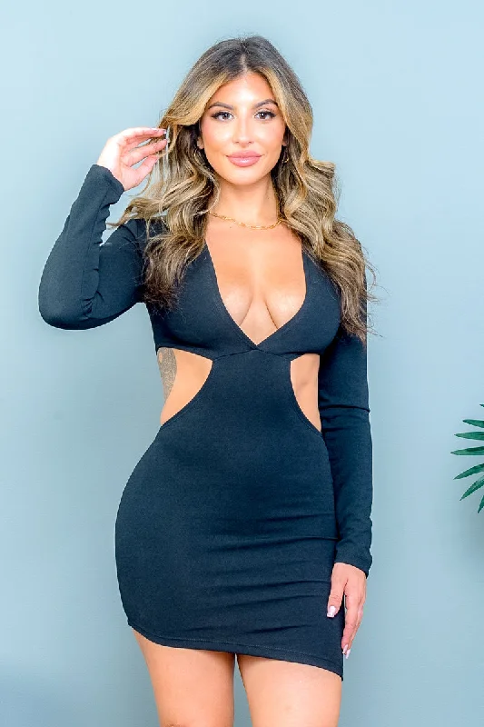 Long Sleeve Plunge Mini Dress with Side Cut Outs (3462) Cozy T-Shirt Mini Dress