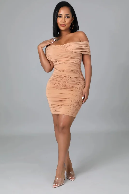 All Wrapped Up Off The Shoulder Mini Dress Mocha - FINAL SALE Chic Mini Dress with V-Neck