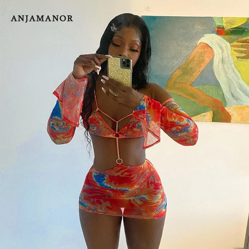 ANJAMANOR Sheer Mesh Bodycon Dress Sexy Summer Beach Vacation Outfits Transparent Cut Out Long Sleeve Mini Dress D85-BD10 Comfortable Casual Mini Dress