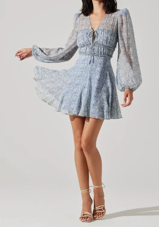 ASTR Dianthus Puff Sleeve Mini Dress - Blue Daisy Fashionable Mini Dress with Pockets