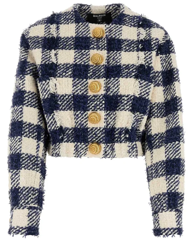 Marine and Blanc Plaid Tweed Crop Bomber Jacket Corduroy Jacket Velvet Jacket Brocade Jacket