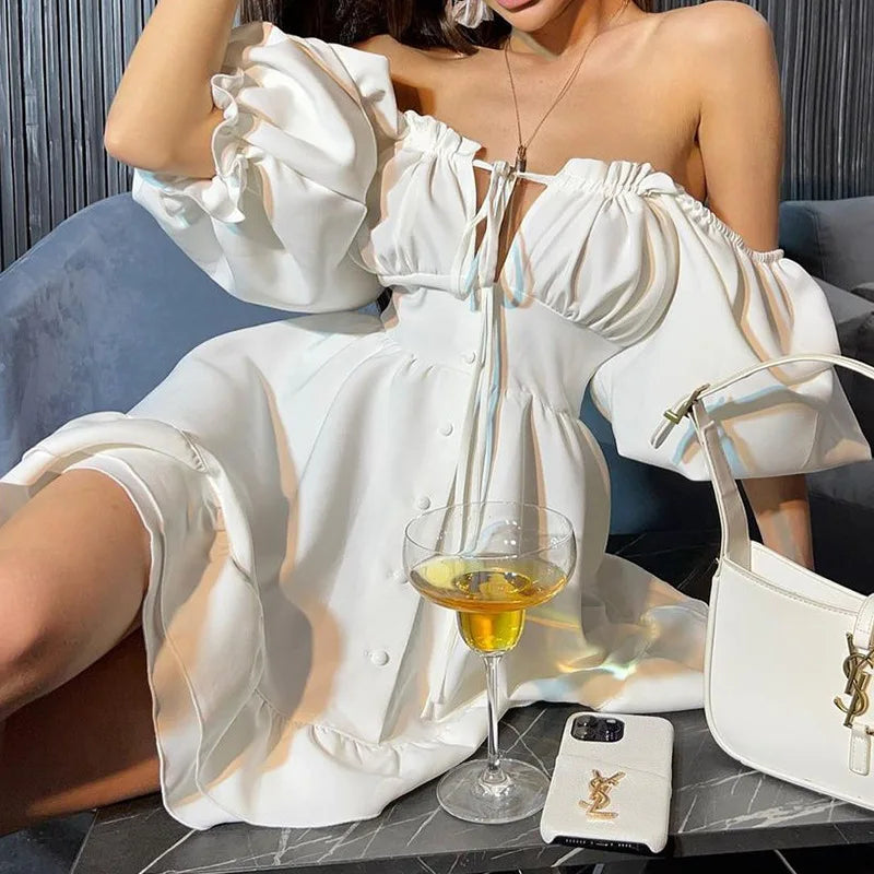 BAMBOOBOY Women Sexy Backless Mini Dress Summer Fashion Lady Slash Neck White Short Puff Sleeve Big Swing Party Beach Dresses Stylish Ruffle Mini Dress BAMBOOBOY Women Sexy Backless Mini Dress Summer Fashion Lady Slash Neck White Short Puff Sleeve Big Swing Party Beach Dresses Stylish Ruffle Mini Dress