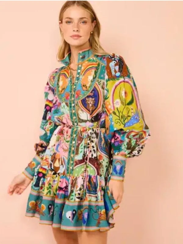 Bell Sleeves Vintage Print Mini Dress With Belt Fashionable A-Line Mini Dress