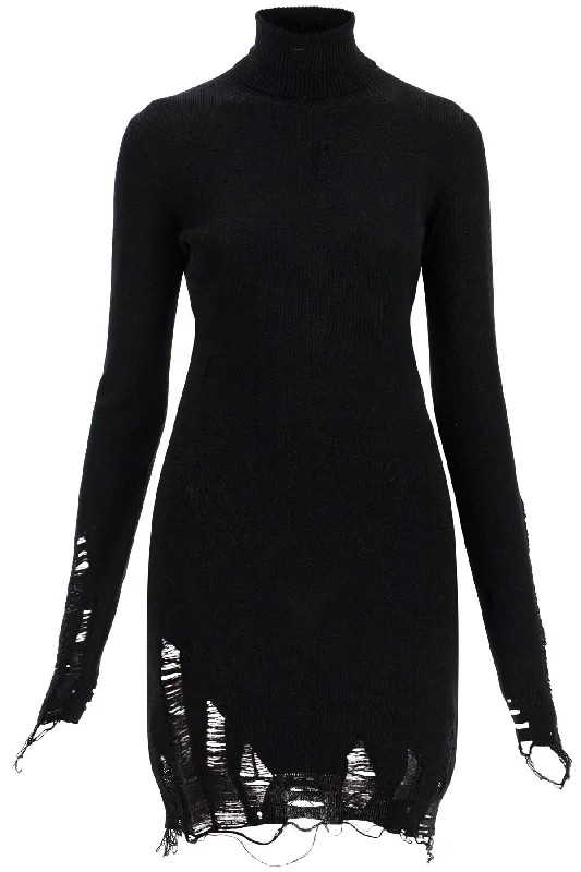 Mm6 Maison Margiela Women's Destroyed Knit Mini Dress Casual V-Neck Mini Dress