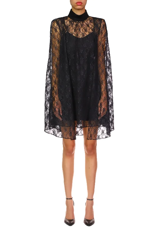 Black Floral Lace Cape Mini Dress Casual High-Waist Mini Dress