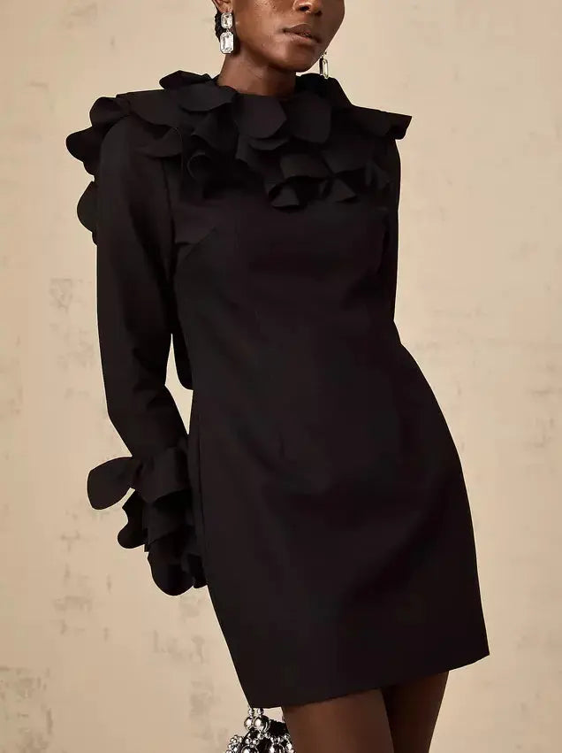 Black Ruffled Open-Back Mini Dress Stylish Puff Sleeve Mini Dress