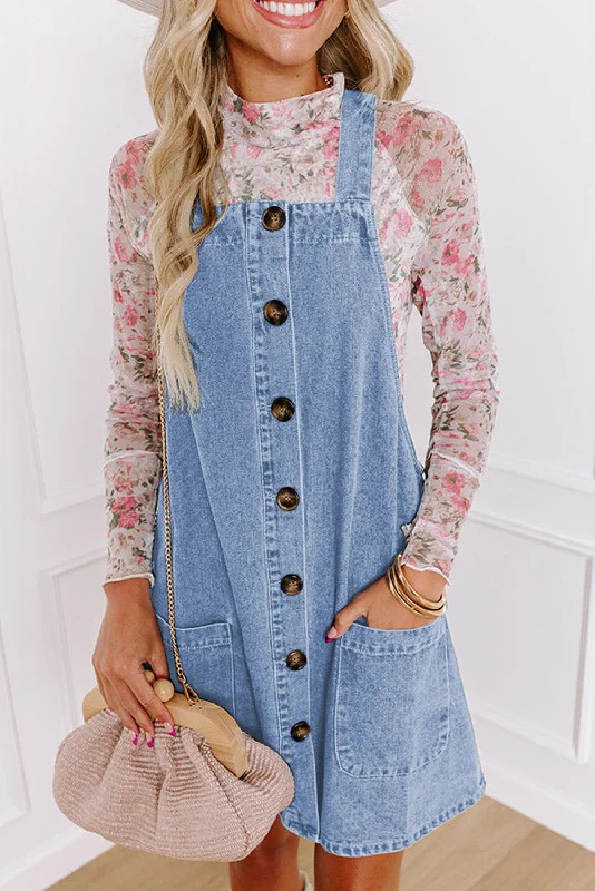 Blue Zone Planet |  Beau Blue Wide Strap Button Front Pocketed Denim Mini Dress Fashionable Polka Dot Mini Dress