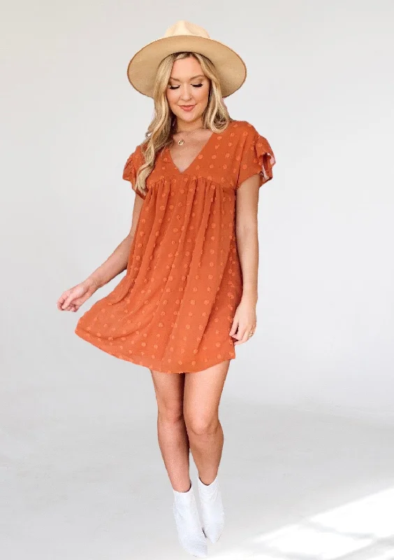 Orange Embossed Polka Dot Mini Dress Cozy Cotton Mini Dress