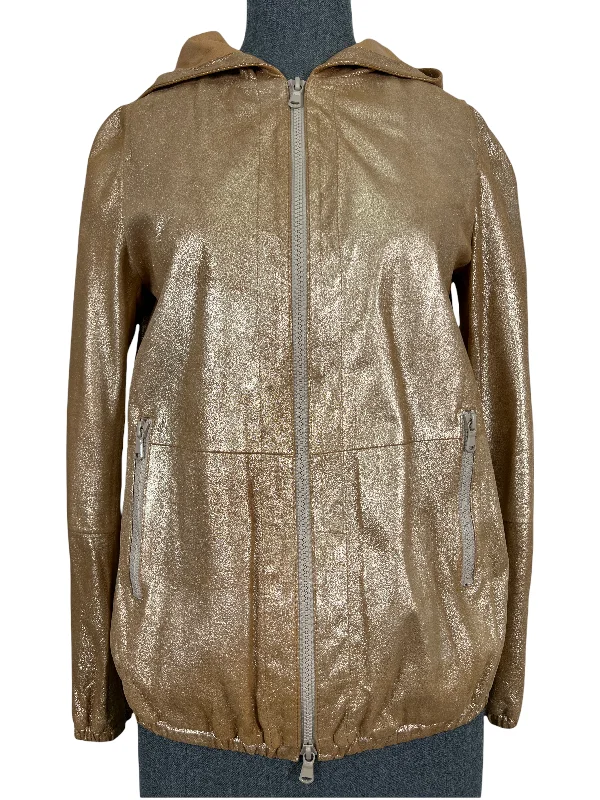 Brunello Cucinelli Metallic Leather Hooded Jacket Size 2 Mesh Jacket Canvas Jacket Denim Jacket