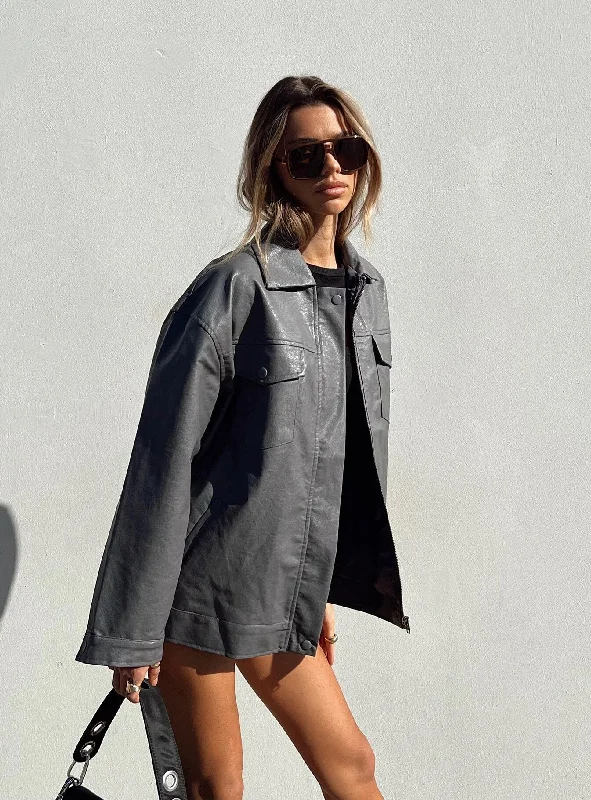 Callie Faux Leather Jacket Grey Trench Coat Raincoat Waterproof Jacket