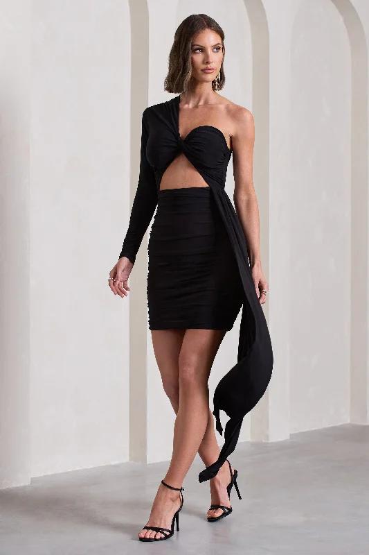 Cecelia | Black Ruched One-Sleeve Twist Mini Dress With Drape Stylish Short Sleeve Mini Dress