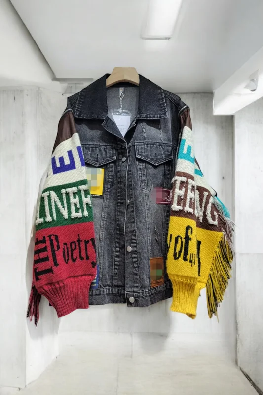 Color Block Motorcycle Knit Sweater Denim Jacket Denim Fabric Leather Fabric Suede Fabric