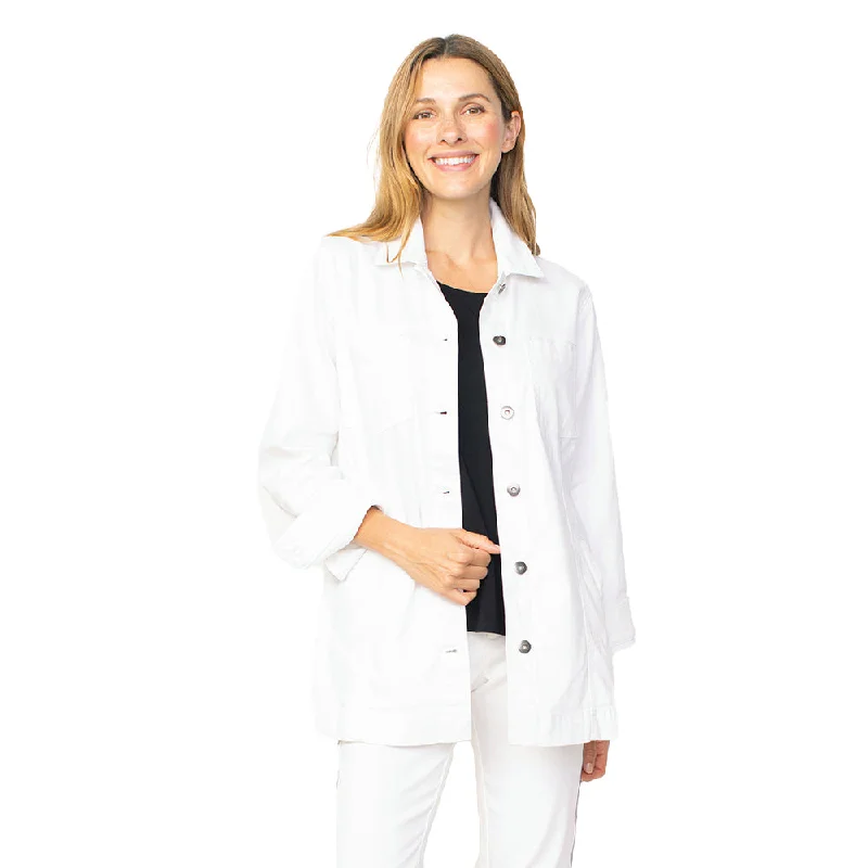 Habitat Long Stretch Denim Boyfriend Jacket in White - 11110-WT Hooded Jacket Caped Jacket Shawl Collar Jacket