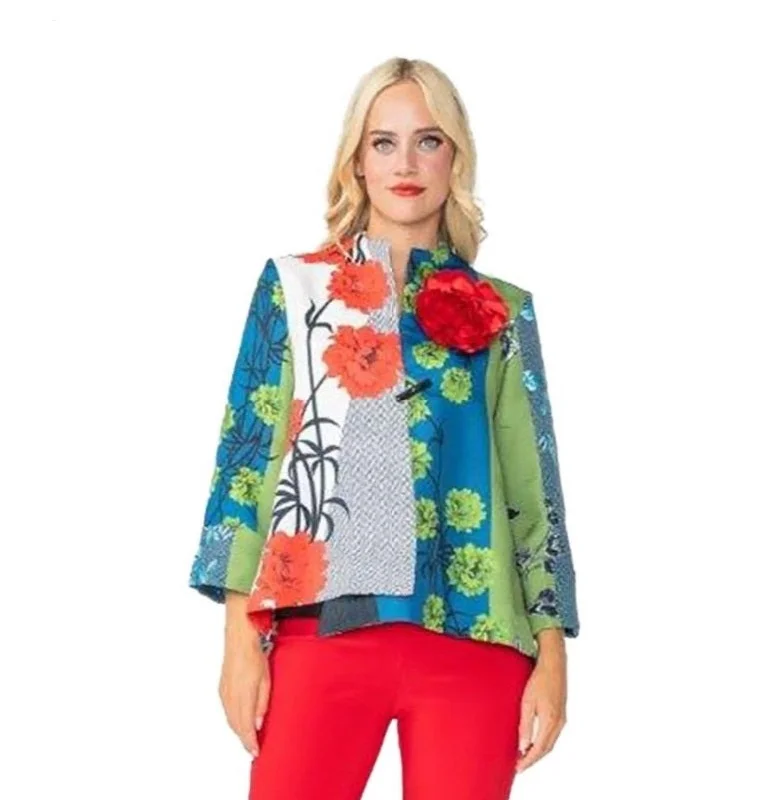 IC Collection Asian Inspired Asymmetric Jacket W/ Rose Pin - 6160J-RD Ribbed Jacket Pleated Jacket Ruffled Jacket