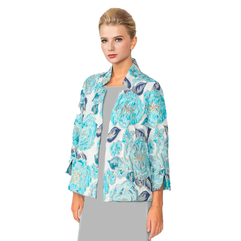 IC Collection Floral Jacquard Open Front Jacket in Blue - 6099J-BLU Tailored Jacket Straight Jacket A-Line Jacket IC Collection Floral Jacquard Open Front Jacket in Blue - 6099J-BLU Tailored Jacket Straight Jacket A-Line Jacket