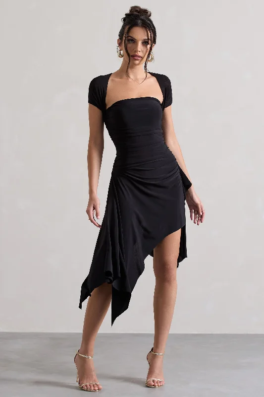 Corsica | Black Gathered Mesh Long-Sleeve Draped Mini Dress Comfortable Bodycon Mini Dress Corsica | Black Gathered Mesh Long-Sleeve Draped Mini Dress Comfortable Bodycon Mini Dress