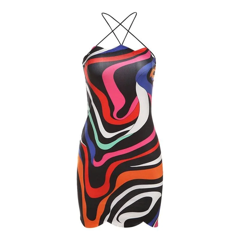 Cross back print backless self tie cami mini dress Fashionable Pleated Mini Dress