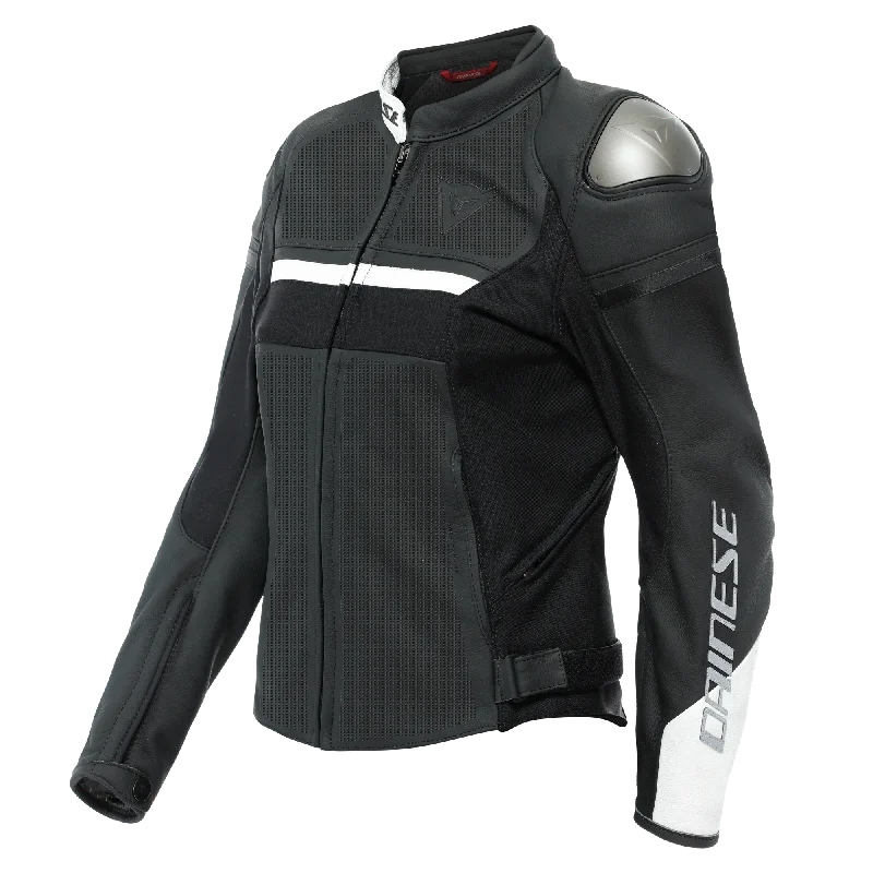 Rapida Lady Perforated Leather Jacket Boat Neck Shawl Collar Notched Collar