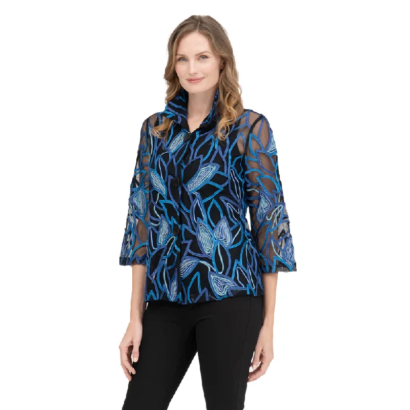 Damee Floral Soutache Jacket on Mesh in Blue - 2395-BLU - Size M Embroidered Jacket Appliqued Jacket Beaded Jacket Damee Floral Soutache Jacket on Mesh in Blue - 2395-BLU - Size M Embroidered Jacket Appliqued Jacket Beaded Jacket