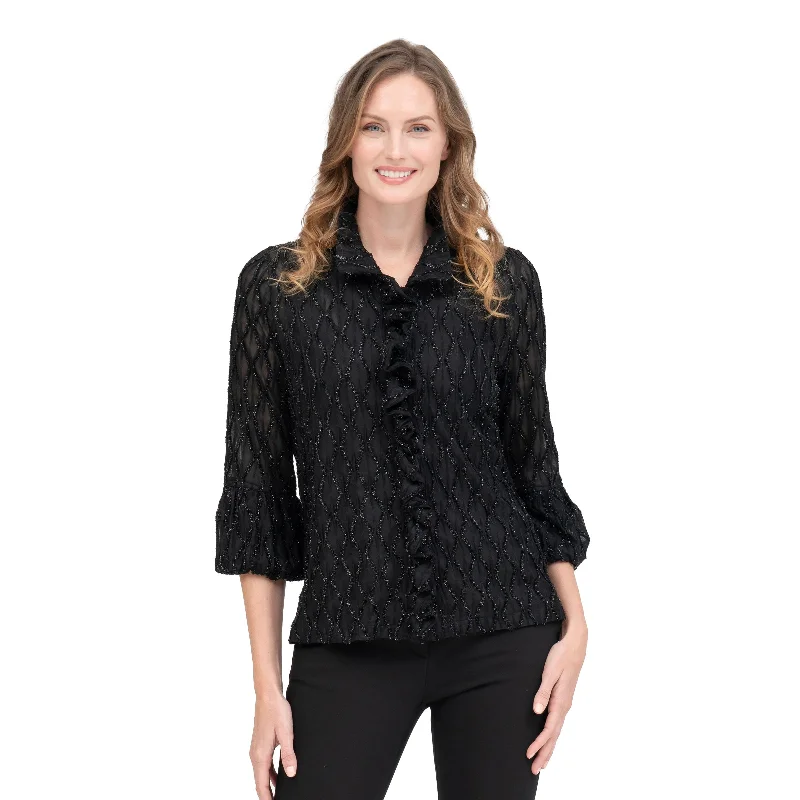 Damee Diamond Design Ruffle Placket Jacket in Black - 2397-BLK Elasticated Jacket Padded Jacket Insulated Jacket