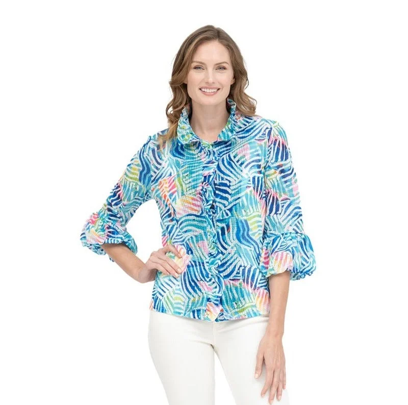 Damee Pastel-Print Ruffle Front Jacket in Blue/Multi - 2404 - Sizes L & XXL Only! Front Pockets Side Pockets Patch Pockets Damee Pastel-Print Ruffle Front Jacket in Blue/Multi - 2404 - Sizes L & XXL Only! Front Pockets Side Pockets Patch Pockets