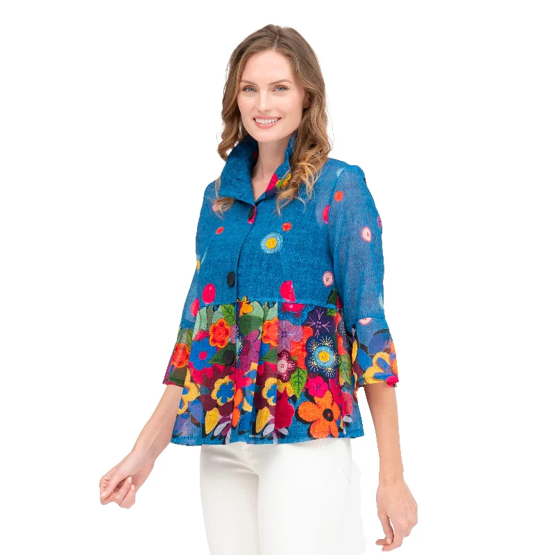 Damee Flowers & Buttons Print Peplum Jacket - 4882 Ribbed Jacket Pleated Jacket Ruffled Jacket