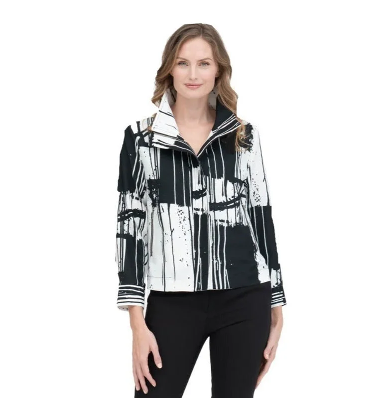 Damee Brushstroke-Print Biker Jacket in Black & White - 4885 Plaid Jacket Tartan Jacket Houndstooth Jacket
