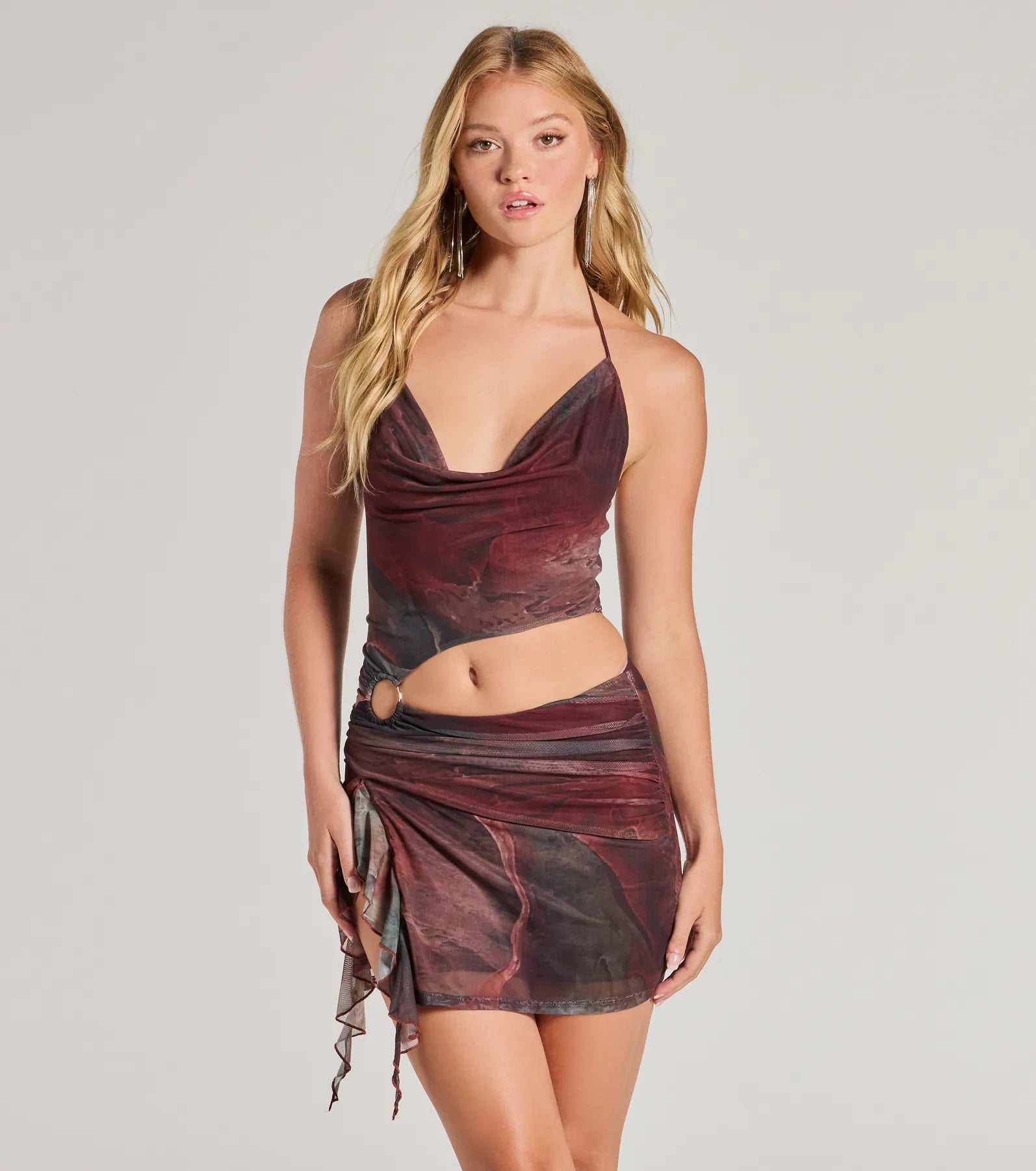 Daring Diva Abstract Print Cutout Halter Mini Dress Comfortable Zip-Up Mini Dress