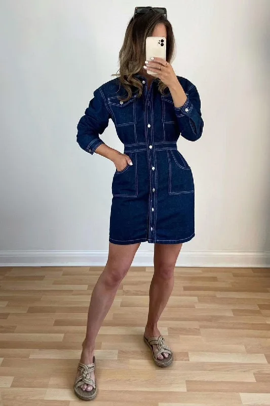 Dark Blue Long Sleeve Denim Mini Dress - Connie Trendy Button-Detail Mini Dress