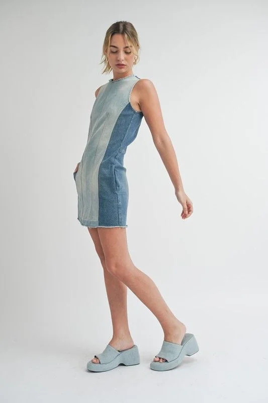 Denim Block Mini Dress Cozy Sweater Mini Dress