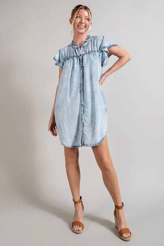 Denim button down ruffle trim mini dress Elegant Floral-Print Mini Dress