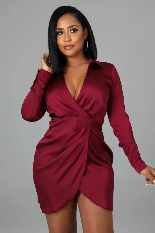 Divina Wrap Satin Mini Dress Burgundy - FINAL SALE Stylish Ribbed Mini Dress