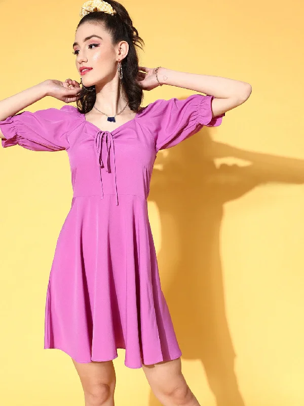 Berrylush Women Solid Purple Puff Sleeve Crepe Fit & Flare Mini Dress Trendy Wraparound Mini Dress