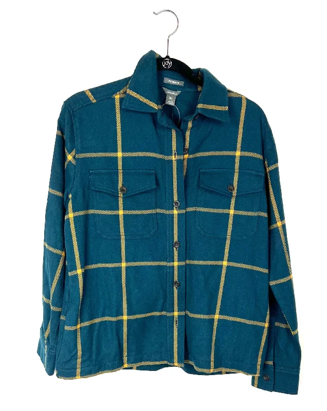 Blue Plaid Yellow Jacket - Small Stand-Up Collar Roll-Neck Collar Turtle Neck