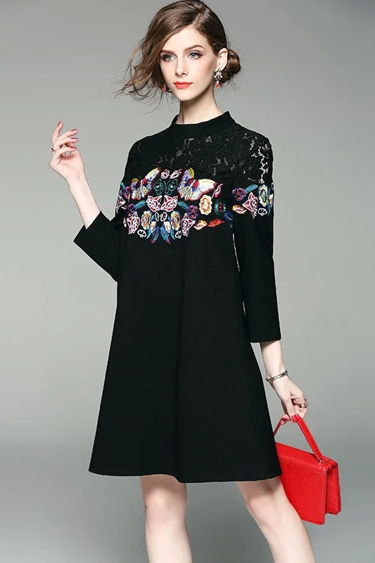 Embroidered Mini Dress W/ Lace Trendy Cut-Out Mini Dress
