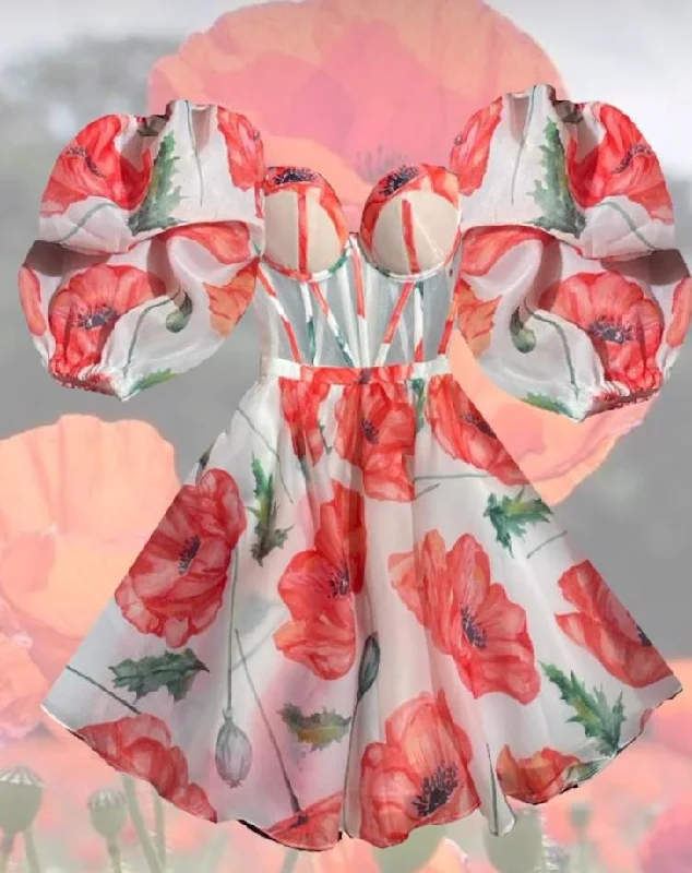 Erika Poppies Mini Dress w/ Sleeves Trendy Mesh Mini Dress