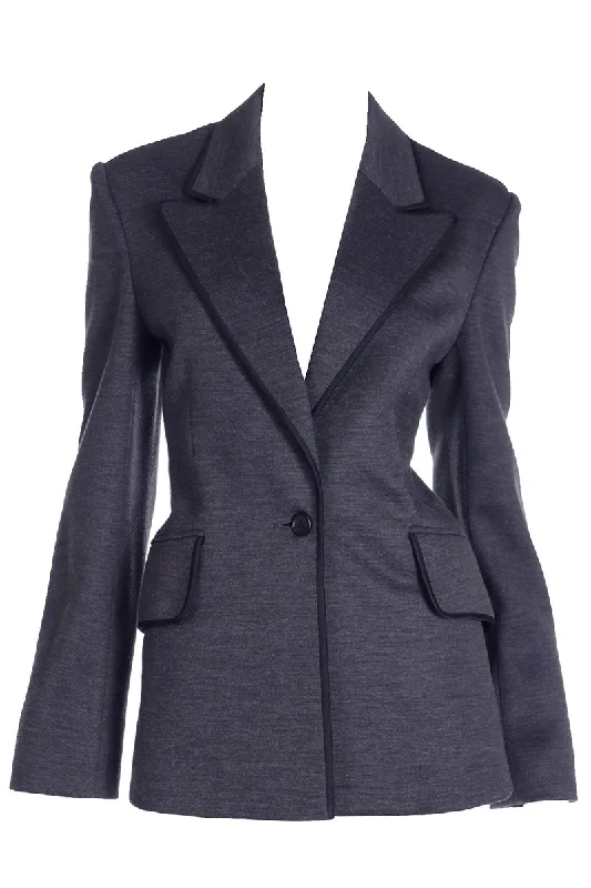 F/W 1997 Isaac Mizrahi Tiny Label Grey Blazer Jacket w/ Black Trim Denim Fabric Leather Fabric Suede Fabric F/W 1997 Isaac Mizrahi Tiny Label Grey Blazer Jacket w/ Black Trim Denim Fabric Leather Fabric Suede Fabric