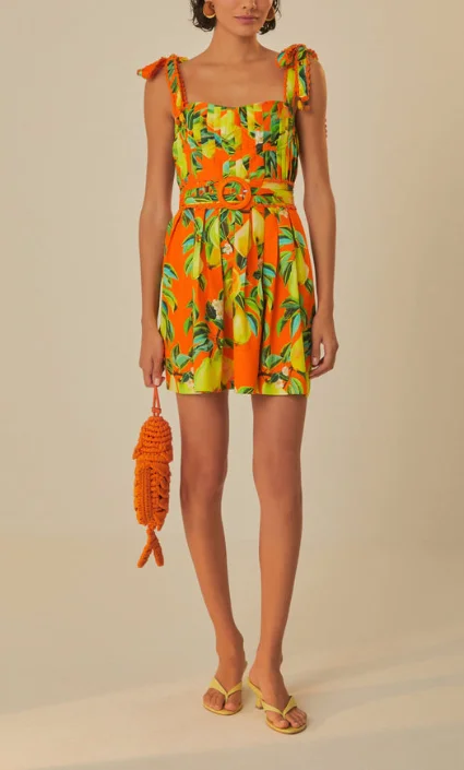 Farm Rio Orange Chic Pears Organic Cotton Mini Dress Fashionable A-Line Mini Dress