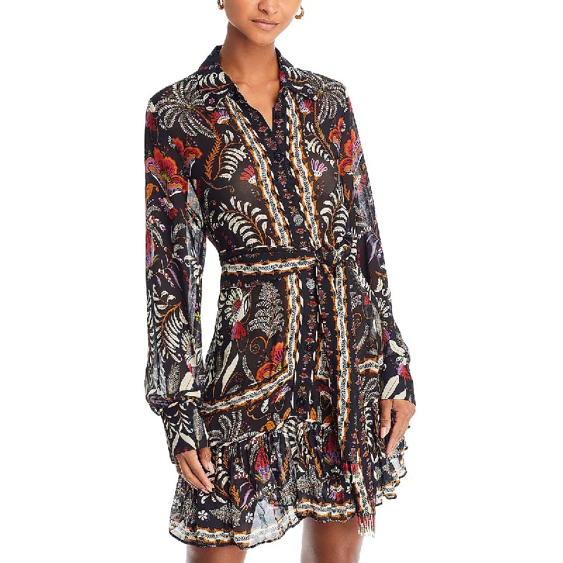 FARM Rio Womens Classic Garden Long Sleeve Button Down Mini Dress Cozy Knitted Mini Dress