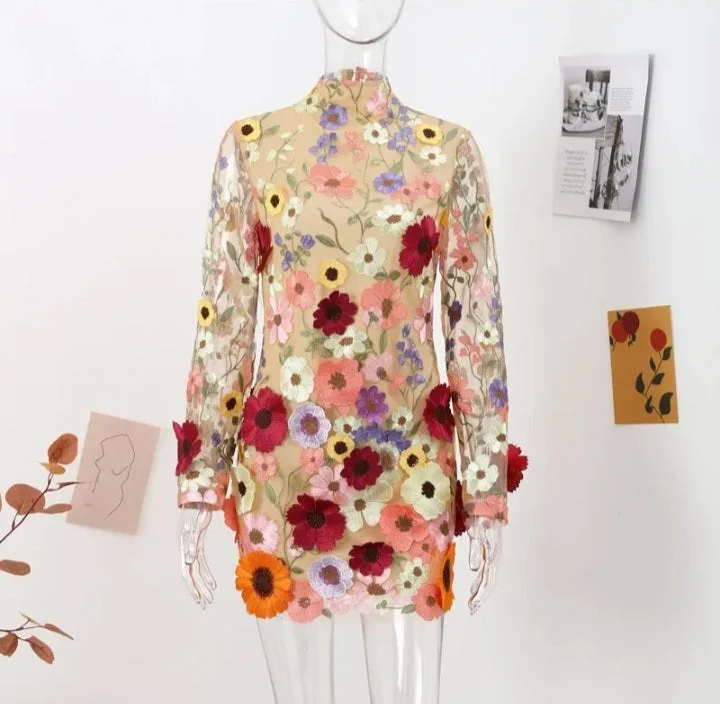 Fashionella Vintage Style Floral Embroidery Mini Dress Classic Solid Mini Dress