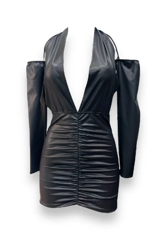 Faux Leather Halter Mini Dress Dress with Detached Sleeves Fashionable Boho-Chic Mini Dress