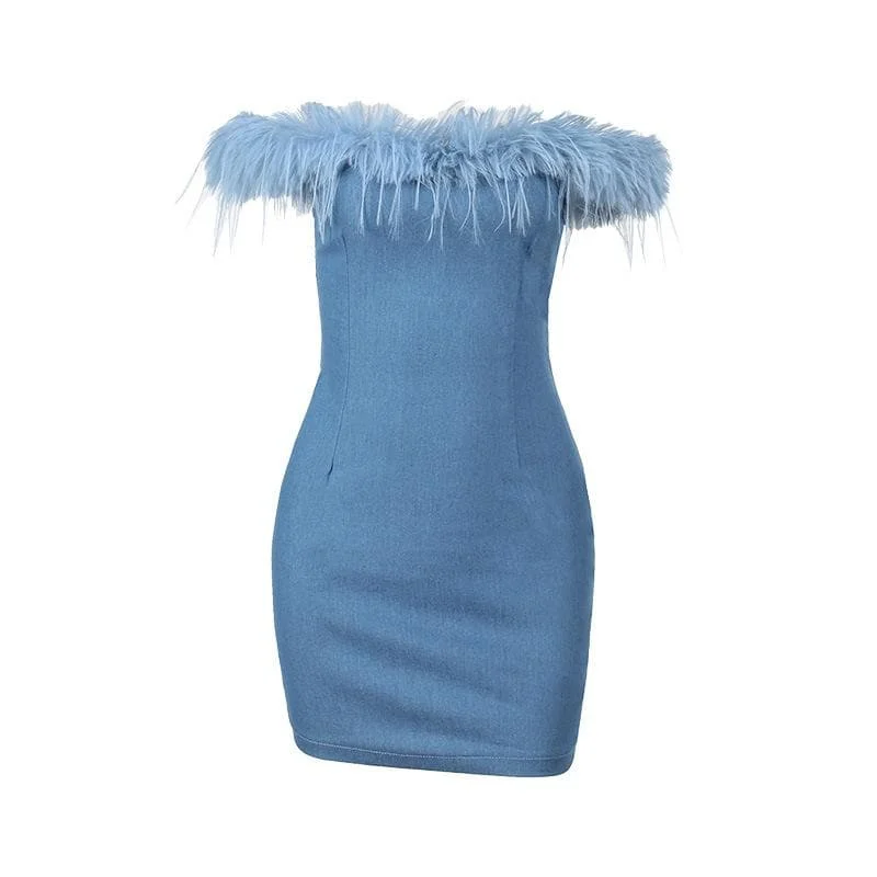 Feather off shoulder solid backless zip-up denim mini dress Stylish Sweetheart Neck Mini Dress Feather off shoulder solid backless zip-up denim mini dress Stylish Sweetheart Neck Mini Dress