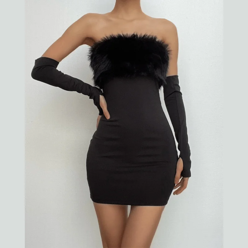 Furry gloves solid backless tube mini dress Elegant Velvet Mini Dress