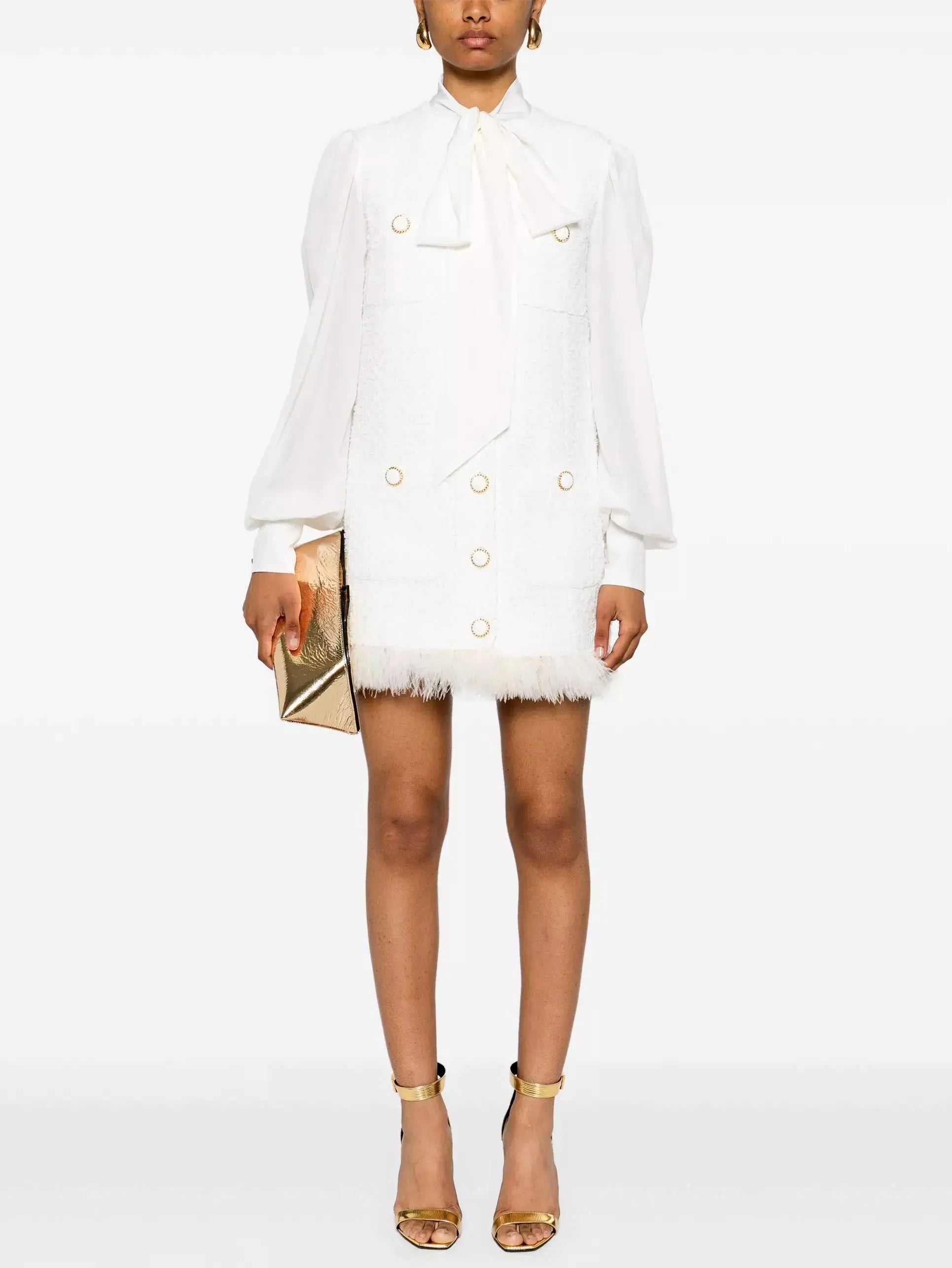 Feather-Trim White Tweed Mini Dress Stylish Plaid Mini Dress