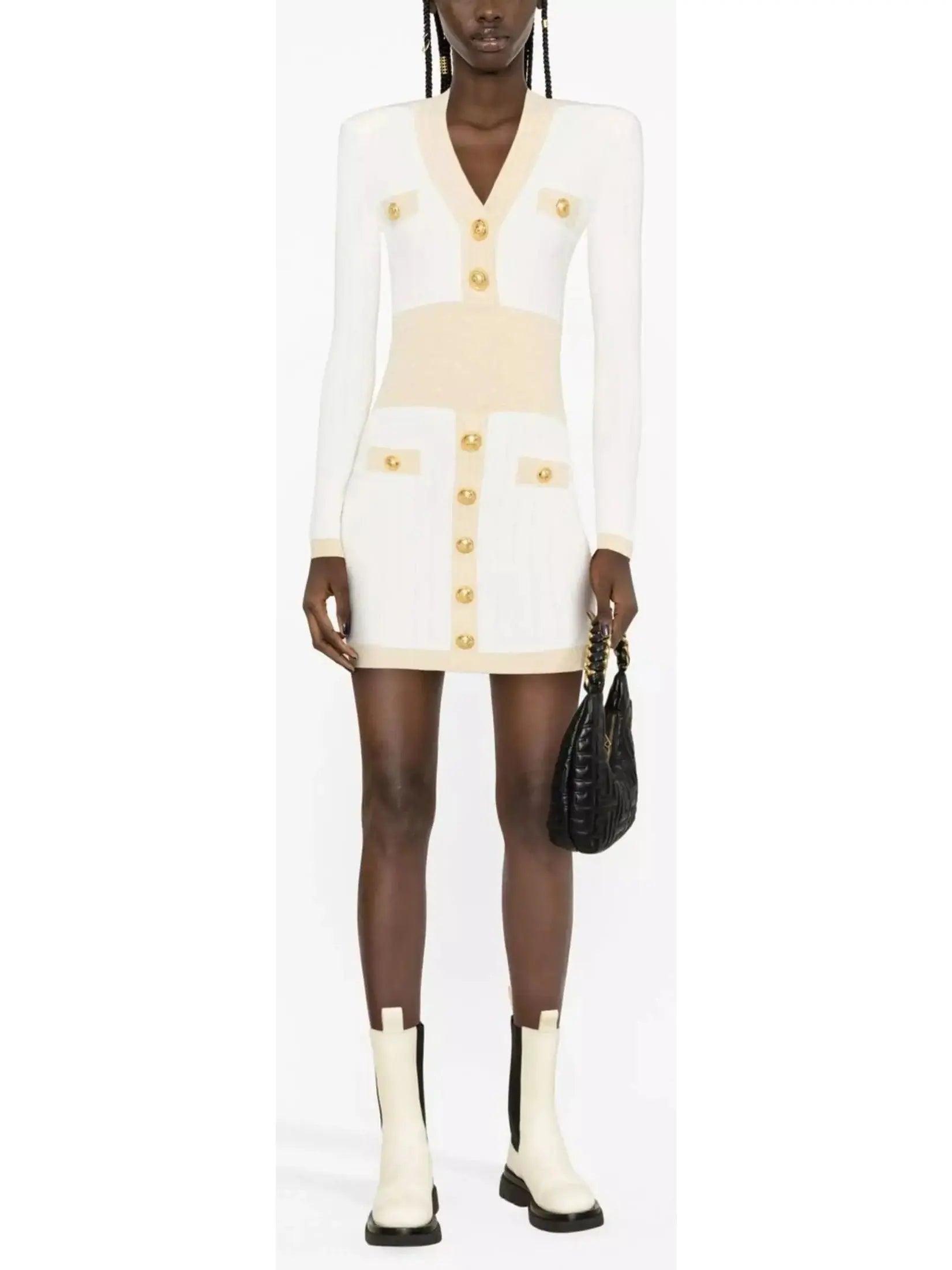 Fitted Embossed-Button Mini Dress, White Classic Solid Mini Dress