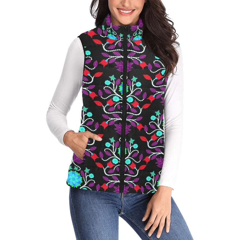 Floral Beadwork Four Clans Winter Women's Padded Vest Jacket Zip Front Button Front Snap Front