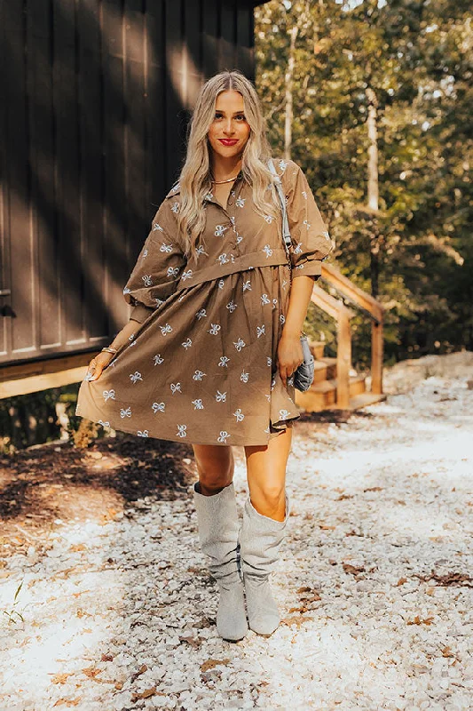 For The Love Of Bows Mini Dress in Mocha Trendy Denim Mini Dress